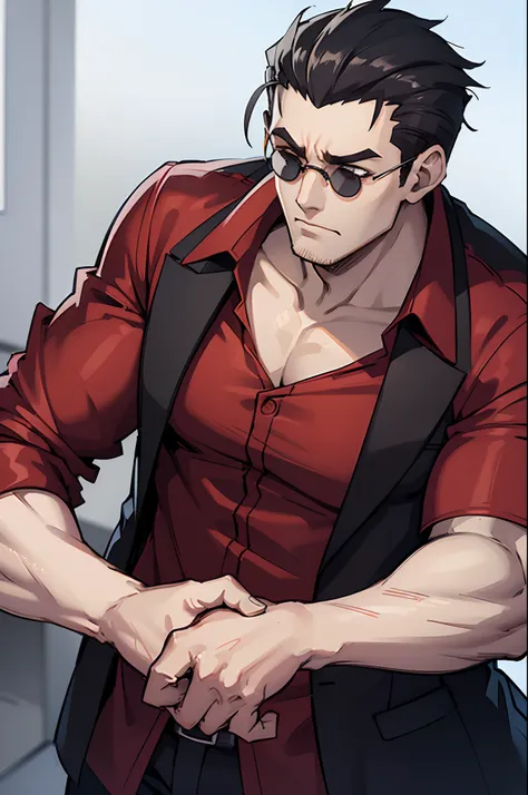 the helltaker, slicked back hair, young male, teenager, round shades, red shirt, hd, highres