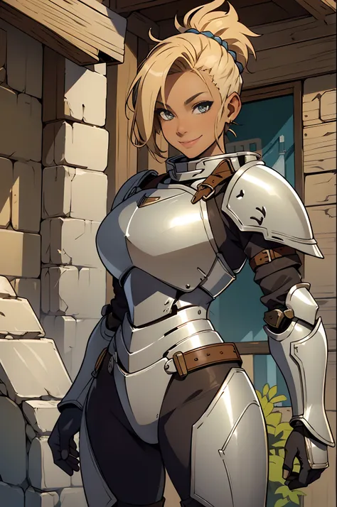 Solo, female, ((full suit of armor, knight)), fantasy village, mohawk, wicked smile, tan skin, cream hair