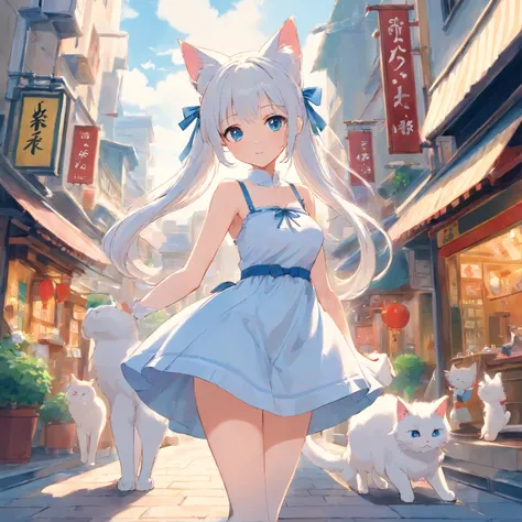 Stand barefoot，Masterpiece，long whitr hair，Extremely tall girls，A giantess，In the city，Full limbs，The face is delicate，White double ponytail，blue color eyes，White Lolita，Long-range shots，white stockings，There are cat ears on the head, white dresses， silber...