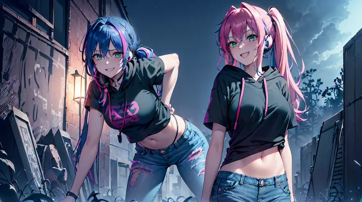 ​masterpiece, 1girl ((20year old, Black short sleeve hoodie exposes navel, tight blue jeans, medium breasts, multicolor pink hair, twin ponytails, green eyes, flirting, happy, big smile, headphones, standing in a graveyard at night, haunted houses, dark an...