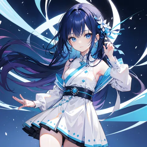 1 girl, dark blue hair,wearing a white and blue jpop idol fit