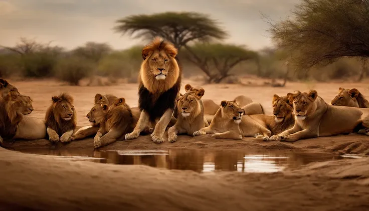 a scene where all the animals are gathered around a dry riverbed or a parched pond, looking worried and thirsty. the lion, can be in the center, representing the animals seeking help.