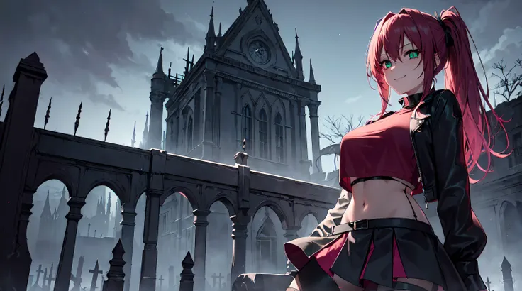 ​masterpiece, 1girl ((20year old, Devils Outfit, red crop top shirt exposes navel, black and red miniskirt, knee-high boots, thigh high socks, medium breasts, multicolor pink hair, twin ponytails, green eyes, flirting, happy, big smile, standing in a grave...