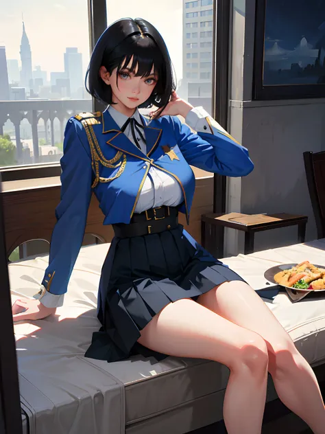 (highest resolution, distinct_image), best quality, masterpiece, highly detailed, semi realistic, a woman with short black hair, mature woman, triple bangs, blue uniform, blue pleated skirt, military uniform, main perspective, military academy, dining, lun...