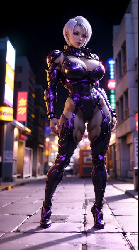 (DRAGON QUEEN), WHITE SHORT HAIR, HUGE FAKE BOOBS, (BEAUTIFUL FACE), (PURPLE, BLACK, RED), (STREET CITY BACKGROUND), FUTURISTIC MECHA BODYSUIT, (CLEAVAGE), (SKINTIGHT YOGA PANTS), (HIGH HEELS), (PERFECT BODY:1.2), (FULL BODY VIEW), (LOOKING AT VIEWER), (ST...