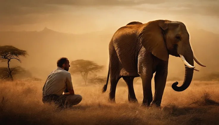 Depict elephant  deep in thought, perhaps with a raised trunk, as he listens to lion explain the problem. This image should emphasize the animals seeking elephants  wisdom.