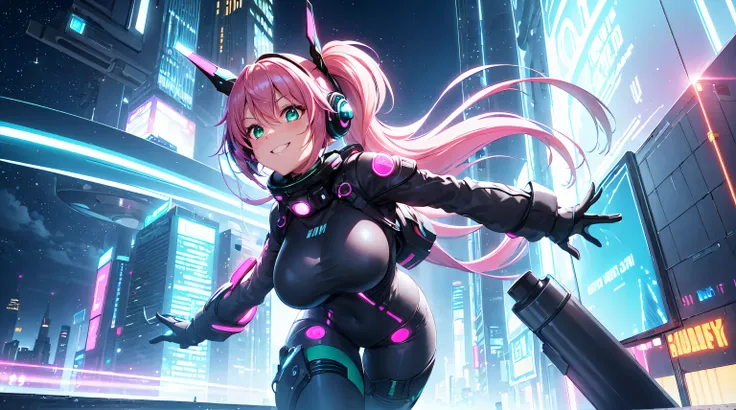 ​masterpiece, 1girl ((20year old, bodysuit, futuristic space suit, knee-high boots, medium breasts, multi-color pink hair, twin ponytails, green eyes, flirting, happy, big smile, looking into camera, headphones, standing in the street of a SCI-FI futuristi...