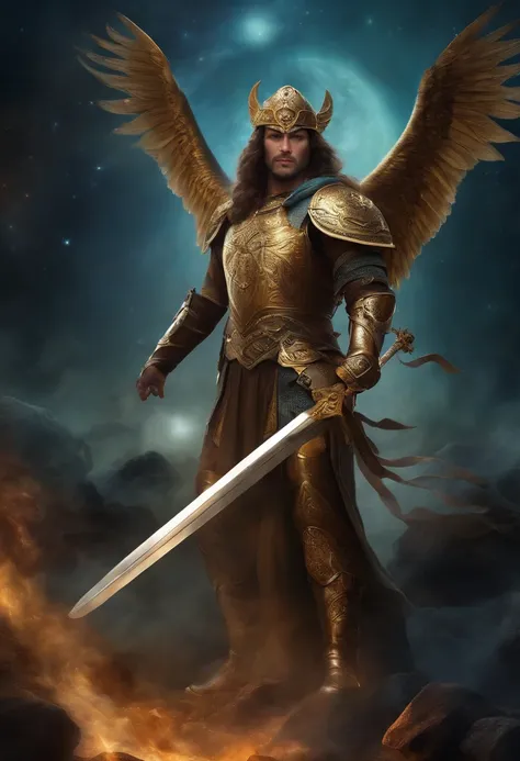 Anjo forte com armadura celestial, com espada de escudo, sete asas, Pronto para a batalha