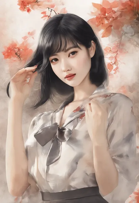 Watercolor style、digitalart、Black Hair Bob、Japan Beautiful Girl、realistic