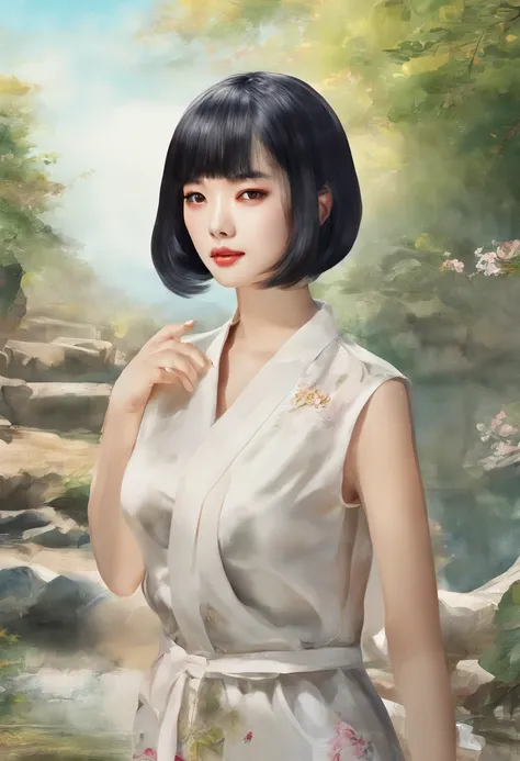 Watercolor style、digitalart、Black Hair Bob、Japan Beautiful Girl、realistic