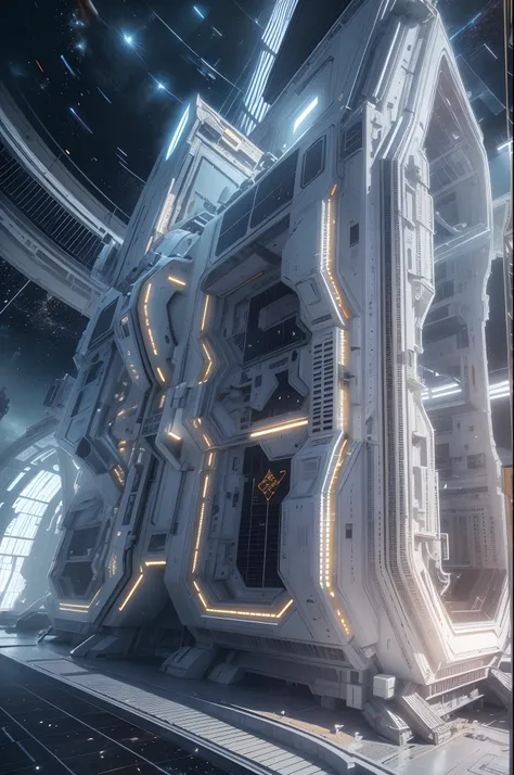 (((view from space: 1.5))) sci-fi spaceship in the style of EVE-online (((side view: 1.4))) , cubically angular shapes, rounded structural elements, rectangular portholes, illuminated from the inside, volumetric light, even lighting, sci-fi design, white c...