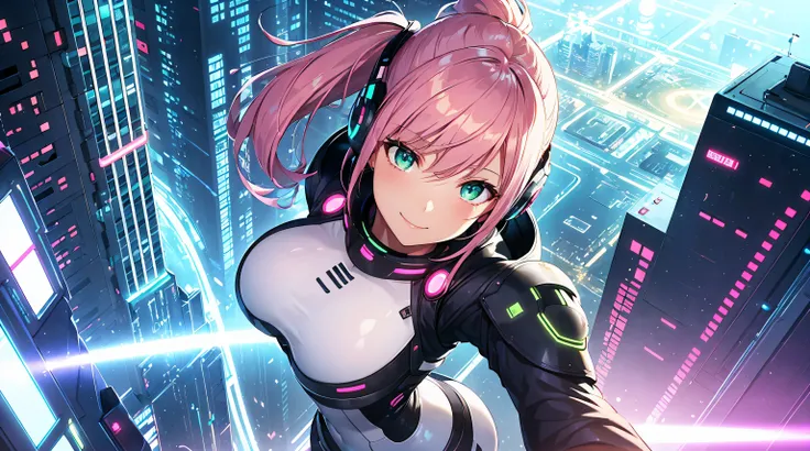 ​masterpiece, 1girl ((20year old, bodysuit, futuristic space suit, knee-high boots, medium breasts, multi-color pink hair, twin ponytails, green eyes, flirting, happy, big smile, looking up, headphones, standing in the street of a SCI-FI futuristic and mod...