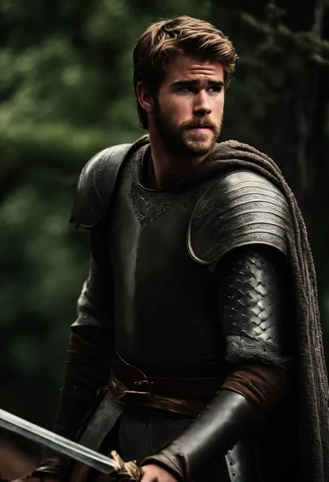 young liam hemsworth in game of thrones as a knight with a long sword.