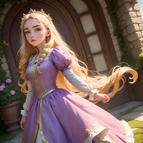 Crie florence pugh como Rapunzel. Com bastante detalhes em seu vestido, but that are faithful to Disney animation, Make Your Huge Hair Stand Out, Put it in high resolution