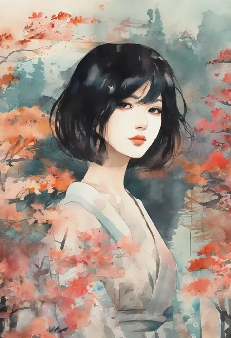 Watercolor style、digitalart、Black Hair Bob、Japan Beautiful Girl、realistic