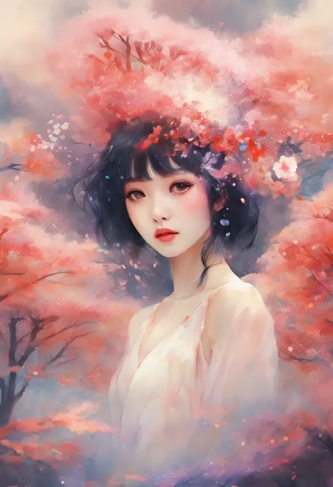 Watercolor style、digitalart、Black Hair Bob、Japan Beautiful Girl、realistic