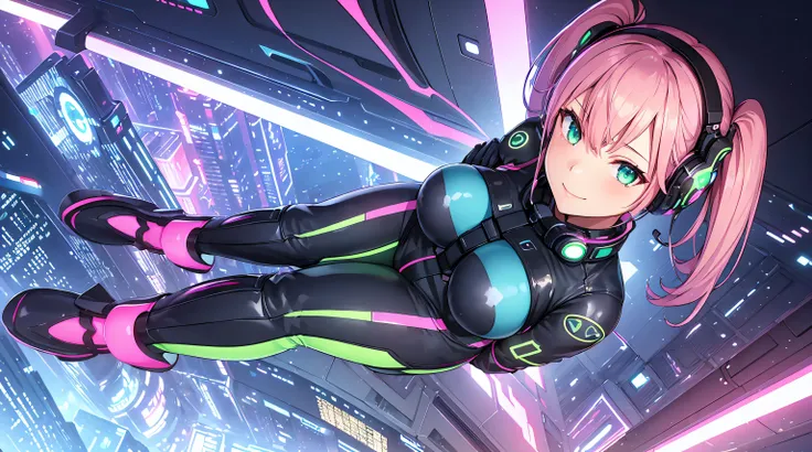 ​masterpiece, 1girl ((20year old, bodysuit, futuristic space suit, knee-high boots, medium breasts, multi-color pink hair, twin ponytails, green eyes, flirting, happy, big smile, looking up, headphones, standing in the street of a SCI-FI futuristic and mod...