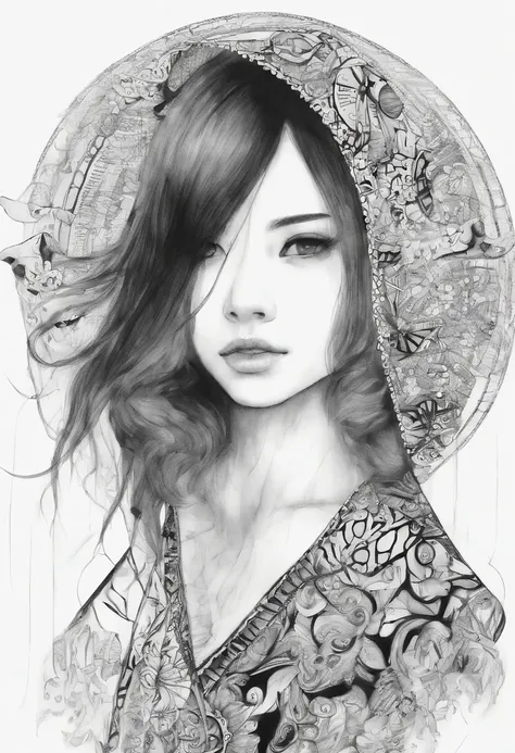 Watercolor style、digitalart、Black Hair Bob、Japan Beautiful Girl、18year old、realistic