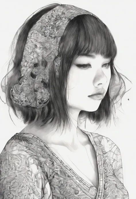 Watercolor style、digitalart、Black Hair Bob、Japan Beautiful Girl、18year old、realistic