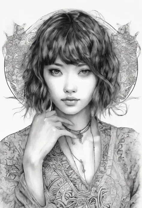 Watercolor style、digitalart、Black Hair Bob、Japan Beautiful Girl、18year old、realistic