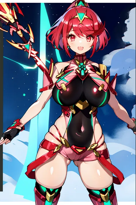 pyra (xenoblade), teen_1girl, loli, bangs, black gloves, breasts, red eyes, shout, earrings, eyelashes, fingerless gloves, floating hair, , gem, gloves, hair ornament, headpiece, jewelry, gigantic_breasts, leaning back, swimsuit, neon trim, official art, p...