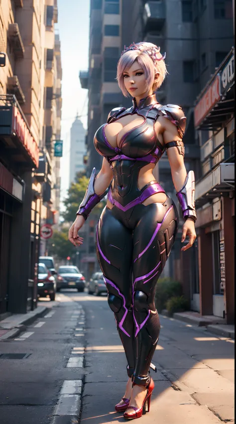 (DRAGON QUEEN), WHITE SHORT HAIR, HUGE FAKE BOOBS, (BEAUTIFUL FACE), (PURPLE, BLACK, RED), (STREET CITY BACKGROUND), (FUTURISTIC MECHA BRA), (CLEAVAGE), (SKINTIGHT YOGA PANTS), (HIGH HEELS), (PERFECT BODY:1.2), (FULL BODY VIEW), (LOOKING AT VIEWER), (STAND...