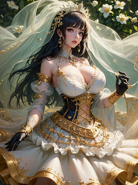 ((anime artstyle)),(Masterpiece),(Best Quality), (Super Detail),((Very Delicate and Beautiful)),cinematic lighting,1 girl,((full body portrait)),((standing in garden)),((solo)),(((1 fairytale princess in gorgeous embroidery and jeweled extremely gorgeous r...