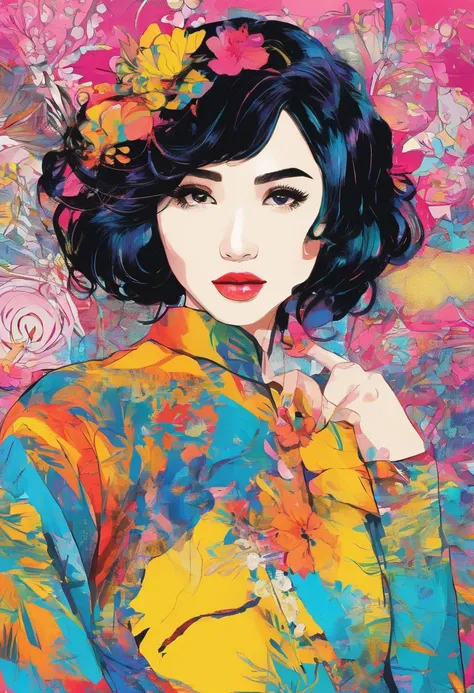 Watercolor style、digitalart、Black Hair Bob、Japan Beautiful Girl、18year old、realistic