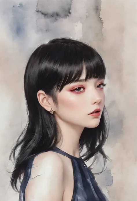 Watercolor style、digitalart、Black Hair Bob、Japan Beautiful Girl、18year old、realistic