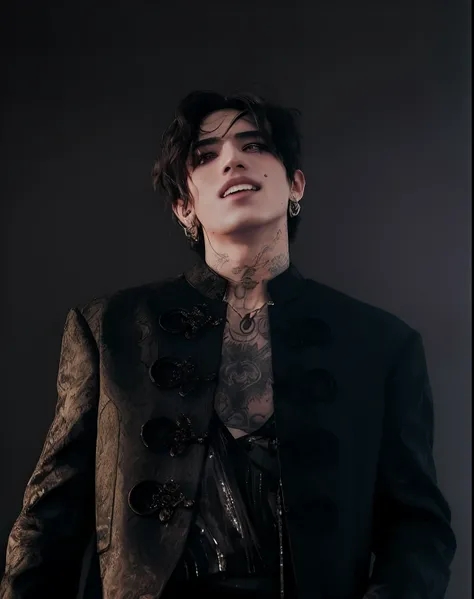 Dpr ian, arafed man with a tattoo on his neck and neck, olhos fechados, cabelos longos, mullet, mullet daddy, Iren Horrores, Cai Xukun, Marcos Ariano, Beautiful androgynous prince, Araki, Lil Peep, Jean Deville, delicate androgynous prince, Eddie, Foto do ...