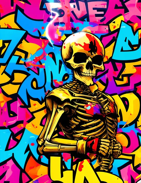 Create design of a human beast, human beast half body is skeleton and half human body, bloods liquid everywhere, along with text "DIEEEEE", clean background, T-shirt design, logo design, vibrant, graffiti