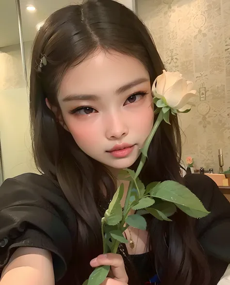 there is a woman holding a rose in her hand, jennie blackpink, ulzzang, jinyoung canela, jossi do blackpink, her face looks like...