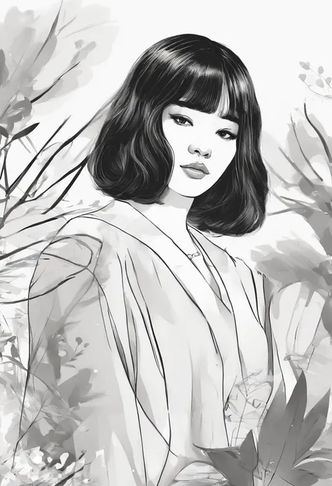 Watercolor style、digitalart、Black Hair Bob、Japan Beautiful Girl、18year old、realistic