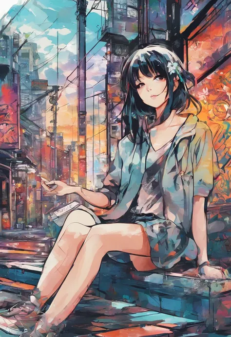 Watercolor style、digitalart、Retro anime style、Black Hair Bob、Japan Beautiful Girl、18year old