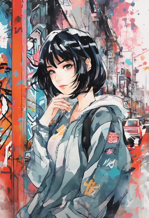 Watercolor style、digitalart、1990s anime style、Black Hair Bob、Japan Beautiful Girl、18year old