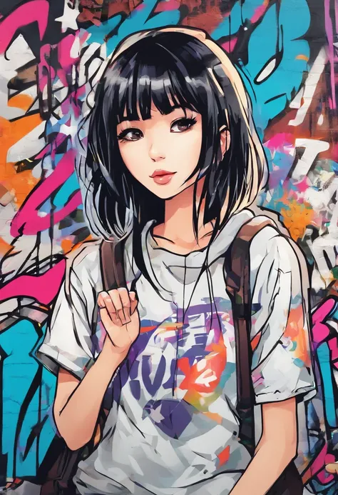 Oil style、digitalart、1990s anime style、Black Hair Bob、Japan Beautiful Girl、18year old