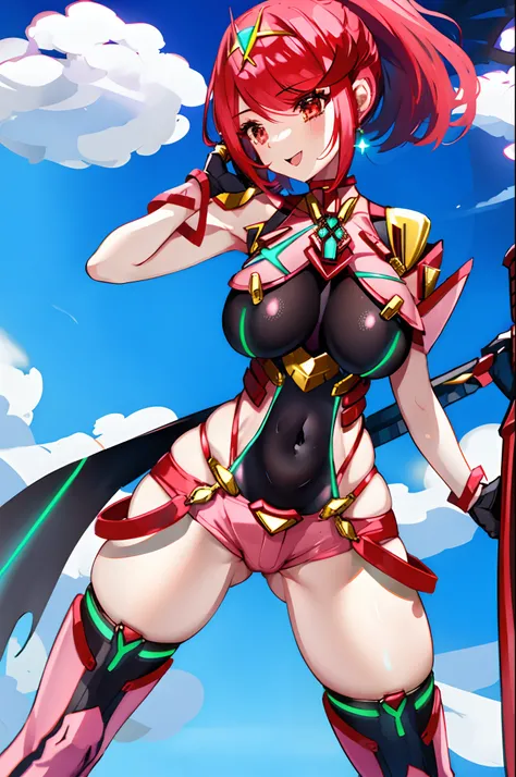 pyra (xenoblade), teen_1girl, loli, bangs, black gloves, breasts, red eyes, shout, earrings, eyelashes, fingerless gloves, floating hair, , gem, gloves, hair ornament, headpiece, jewelry, gigantic_breasts, leaning back, swimsuit, neon trim, official art, p...