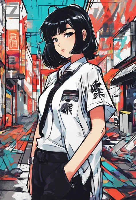 digitalart、monochromes、1990s anime style、Black Hair Bob、Beautiful girl in Japan uniform、18year old