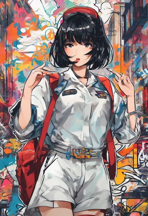 digitalart、monochromes、1990s anime style、Black Hair Bob、Beautiful girl in Japan uniform、18year old