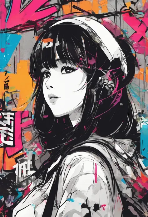 digitalart、monochromes、1990s anime style、Black Hair Bob、Beautiful girl in Japan uniform、18year old