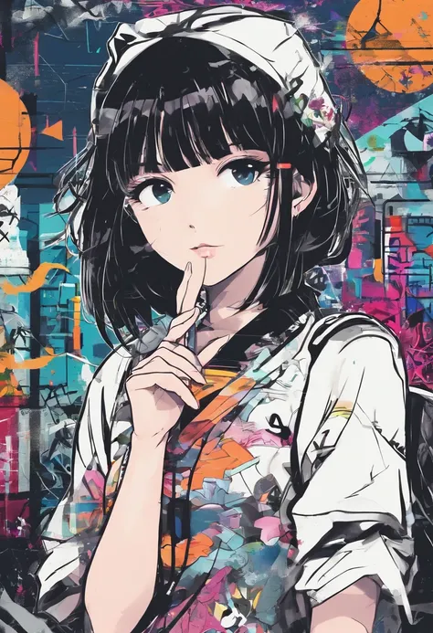 digitalart、monochromes、1990s anime style、Black Hair Bob、Beautiful girl in Japan uniform、18year old