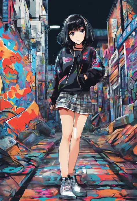 digitalart、monochromes、1990s anime style、Black Hair Bob、Beautiful girl in Japan uniform、18year old