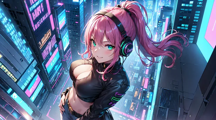 ​masterpiece, 1girl ((20year old, Black crop top shirt exposes navel, tight blue jeans, knee-high boots, medium breasts, multicolor pink hair, twin ponytails, green eyes, flirting, happy, big smile, looking up, headphones, standing in a street at night, ne...