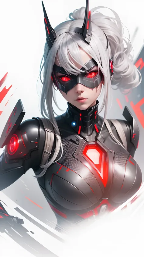 A girl with futuristic mask, Gray hair, red eyes, bloodlust eyes, Big breast, Futuristic suit, Black&red suit, Sexy, cyberpunk theme, cybergirl, Red LED light effect on suit, blurr effect, Amazing, best quality, highly resolution, Realistic, extremely deta...