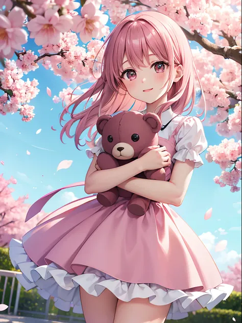 A photograph capturing a whimsical moment of a little girl in a pink dress, cradling a big teddy bear. The anime-inspired scene is filled with soft pastel hues, delicate cherry blossom petals dancing in the air, and a gentle breeze rustling the girls hair....