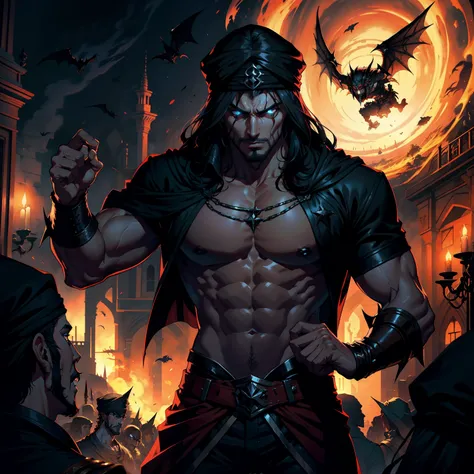 Castlevania, Le Seigneur des Ombres, Bel arabe, Man with Arab muscular face , Turban marocain, Legendary Face, Ferocious, hyper realistic, super detailed, Marocain, Beau seigneur arabe, muscle, Dracula, Diriger les troupes de Djinns, The Army in Combat, Wa...