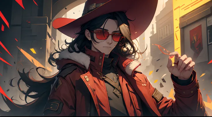 one man, wearing a long red jacket hunter clothes, with a red cowboy hat, using round yellow glasses, long black hair