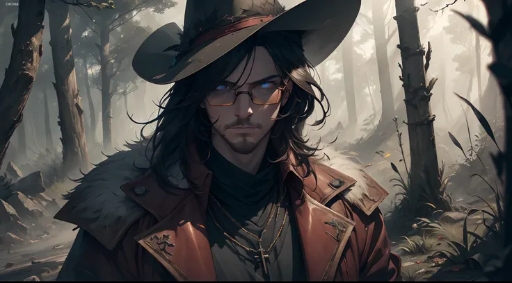 (best quality,4k,8k,highres,masterpiece:1.2),ultra-detailed,(realistic,photorealistic,photo-realistic:1.37),one man,hunter clothes,long red jacket,red cowboy hat,round yellow glasses,long black hair,little crucifix,leather boots,dusty environment,dense for...