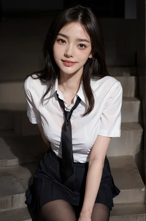 Korean School Uniform、Summer School Uniform Shirts、Tight shirt、Ribbon tie、skirt by the、Schools、stairs at school、Emphasize your chest with both arms、Slender big、8K raw photos、hight resolution、age:18 、japanes、Eye of the cut、very large round breasts、beautiful...