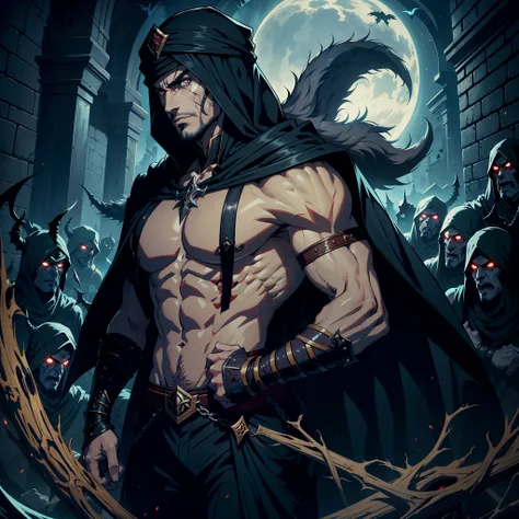 Castlevania, Le Seigneur des Ombres, Bel arabe, Man with Arab muscular face , Turban marocain, Legendary Face, fierce, hyper realistic, super detailed, Marocain, Beau seigneur arabe, muscle, Dracula, Diriger les troupes de Djinns, The Army in Combat, War o...